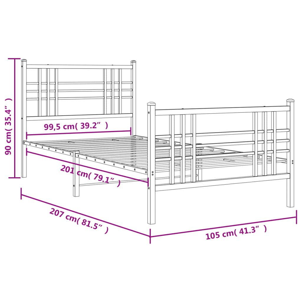 Metal Bed Frame without Mattress with Footboard White 100x200cm
