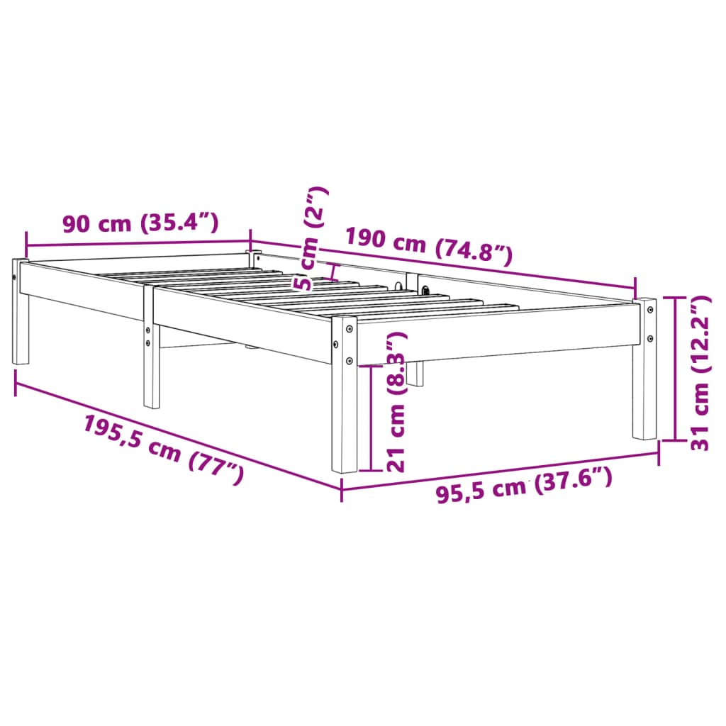 Bed Frame without Mattress Wax Brown 90x190 cm Single Solid Wood Pine