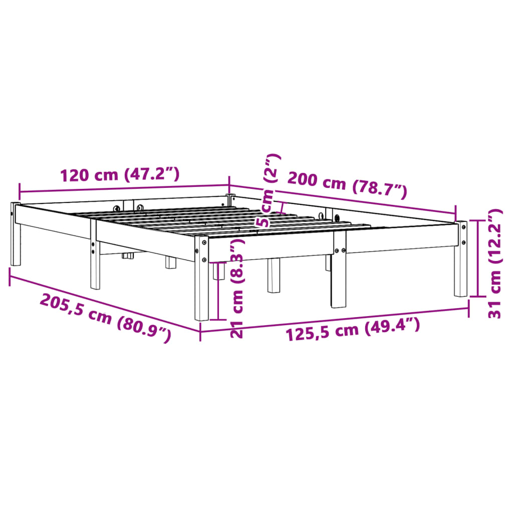 Bed Frame without Mattress Wax Brown 120x200 cm Solid Wood Pine