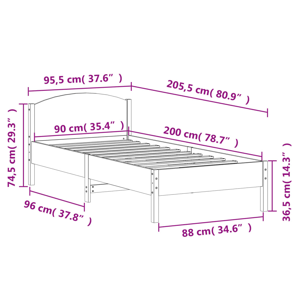 Bed Frame without Mattress White 90x200 cm Solid Wood Pine