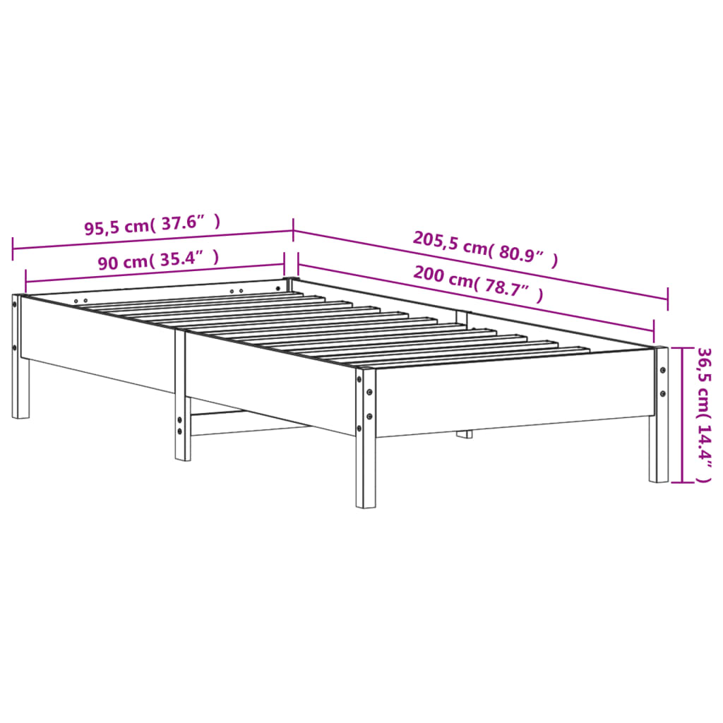 Bed Frame without Mattress Wax Brown 90x200 cm Solid Wood Pine