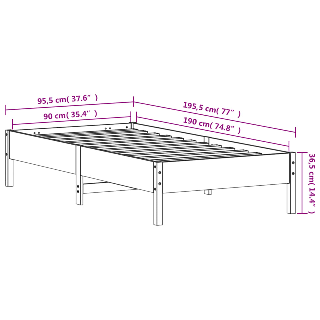 Bed Frame without Mattress Wax Brown 90x190 cm Single Solid Wood Pine