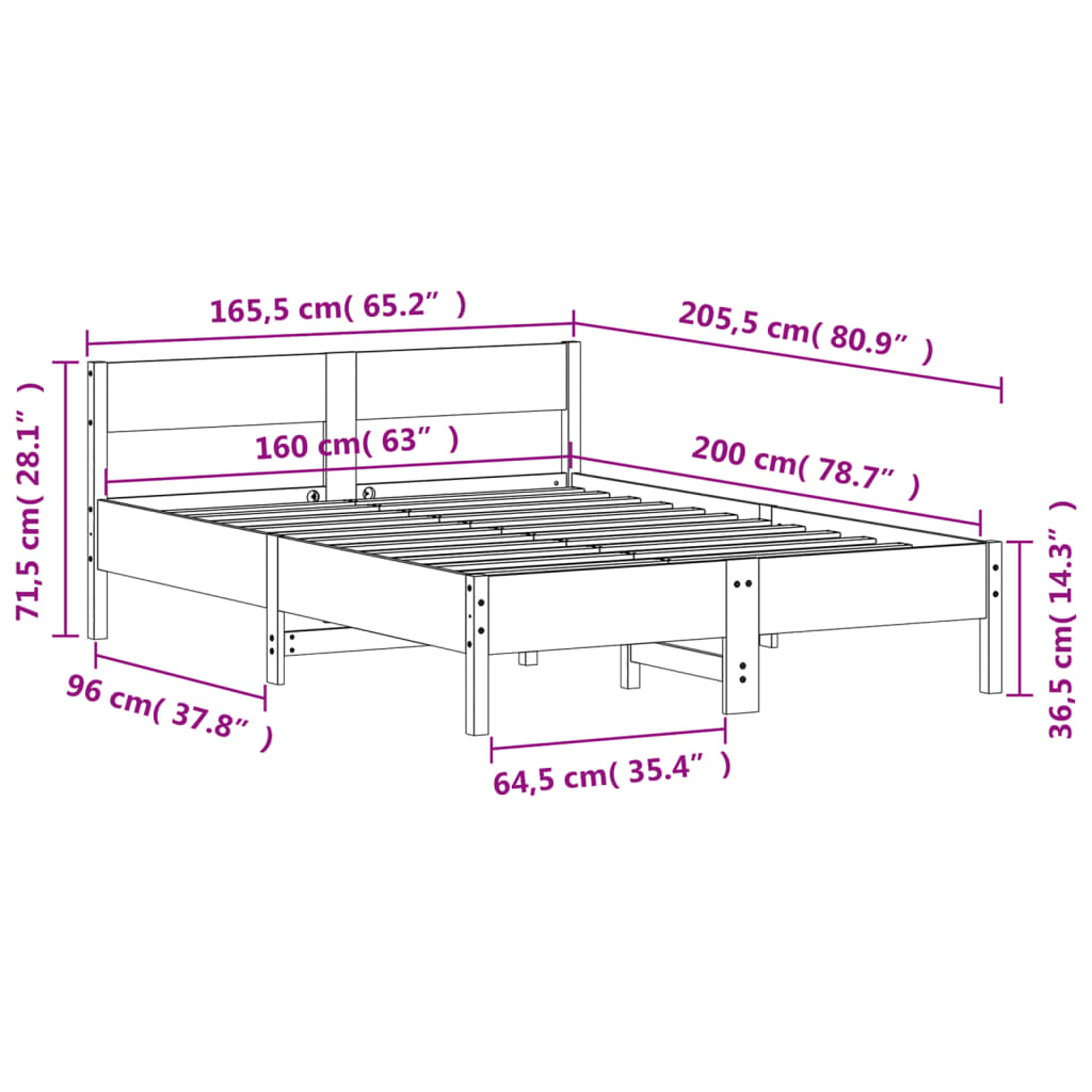 Bed Frame without Mattress 160x200 cm Solid Wood Pine