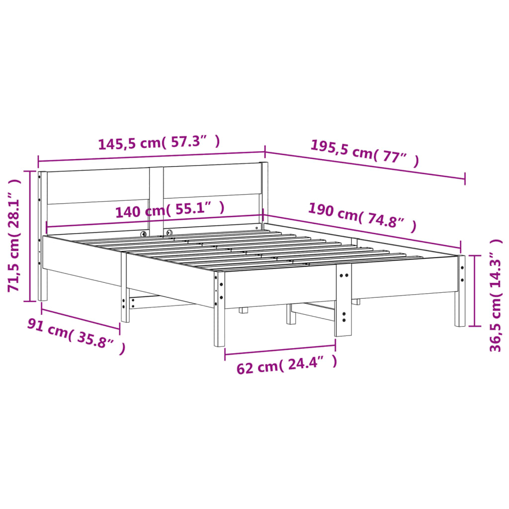 Bed Frame without Mattress Wax Brown 140x190 cm Solid Wood Pine