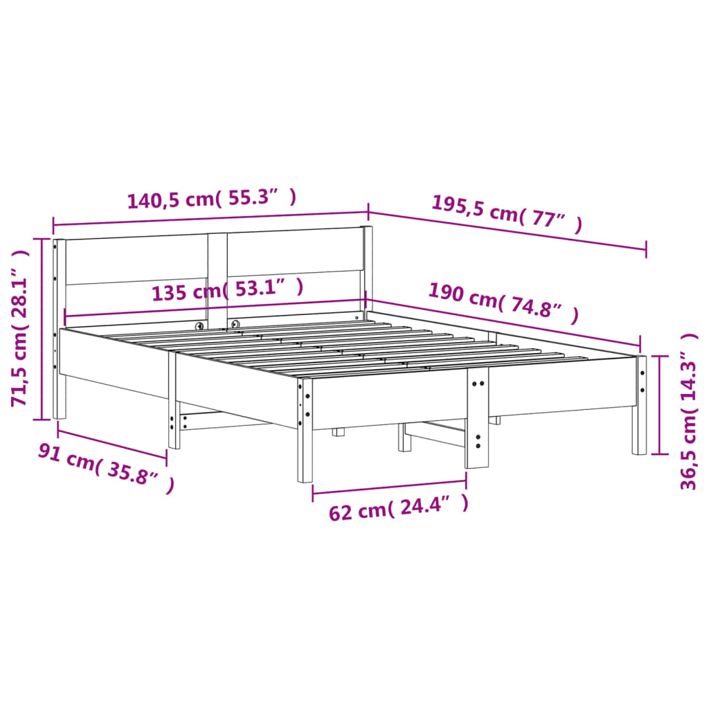 Bed Frame without Mattress Wax Brown 135x190 cm Double Solid Wood Pine
