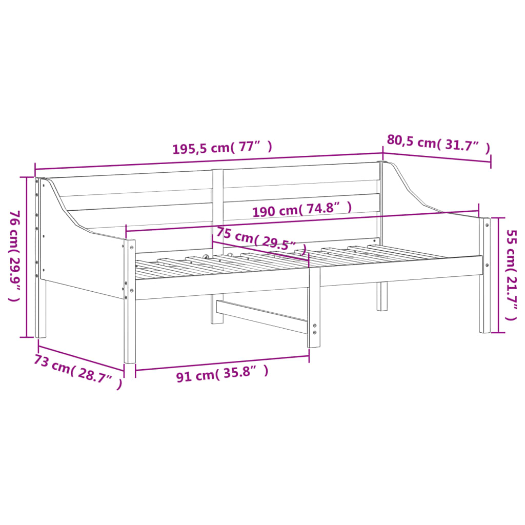Day Bed without Mattress 75x190 cm Small Single Solid Wood Pine