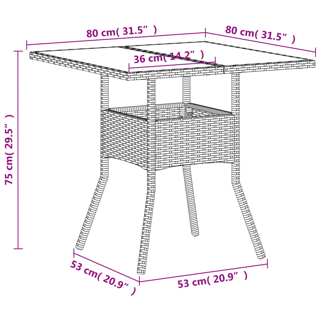 Outdoor Patio Poly Rattan Square 4 Person Garden Dining Table With Glass Top