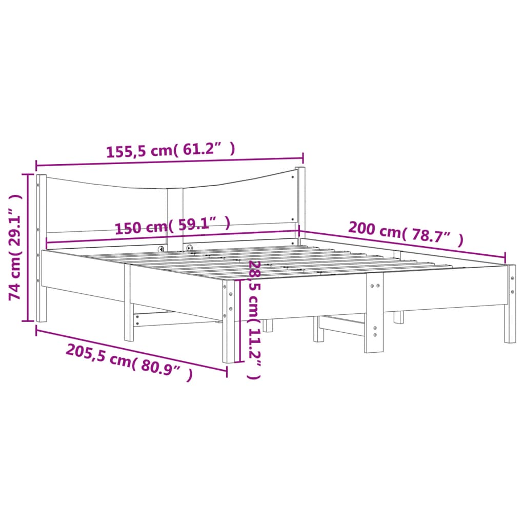 Modern Wooden King Size 150cm Bed Frame With With Headboard Solid Pine Wood