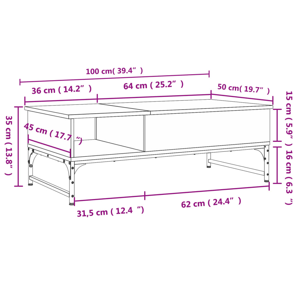 Coffee Table Brown Oak 100x50x35 cm Engineered Wood and Metal