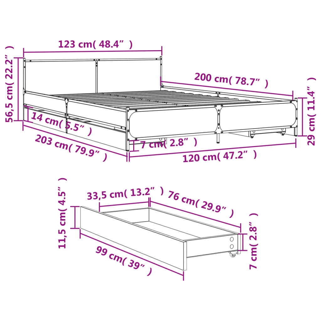 Bed Frame with Drawers without Mattress Black 120x200 cm