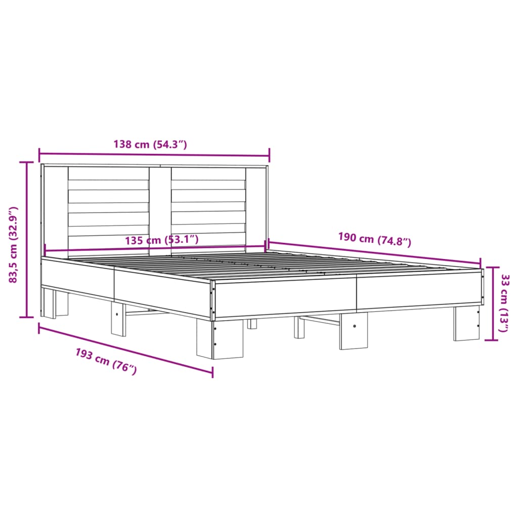 Bed Frame without Mattress Grey Sonoma 135x190 cm Double