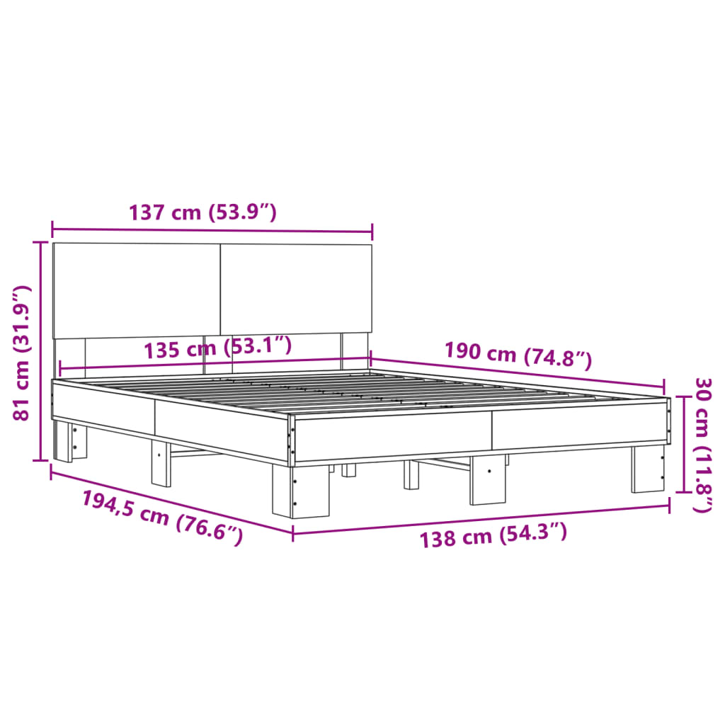 Bed Frame without Mattress Grey Sonoma 135x190 cm Double