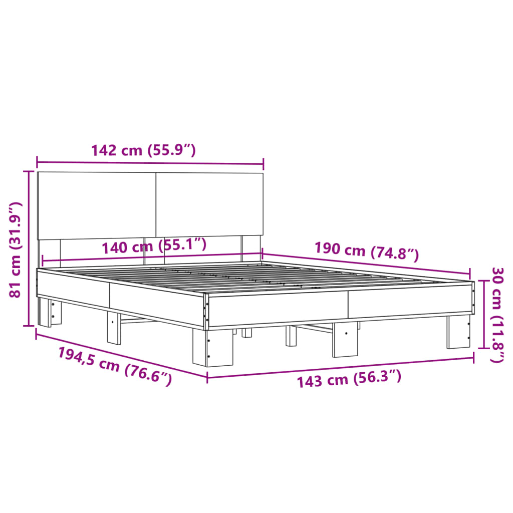 Bed Frame without Mattress Grey Sonoma 140x190 cm