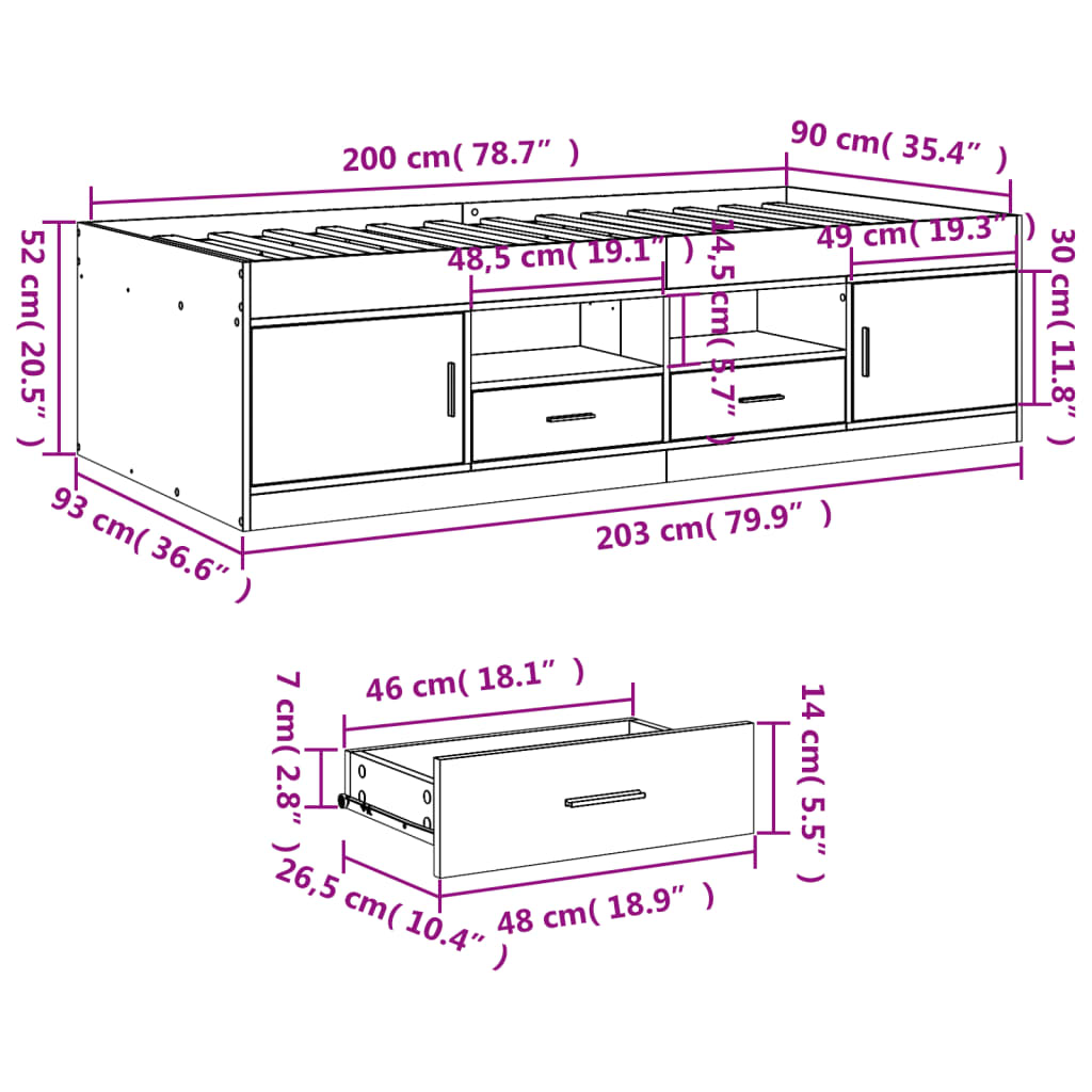 Daybed with Drawers without Mattress Sonoma Oak 90x200 cm
