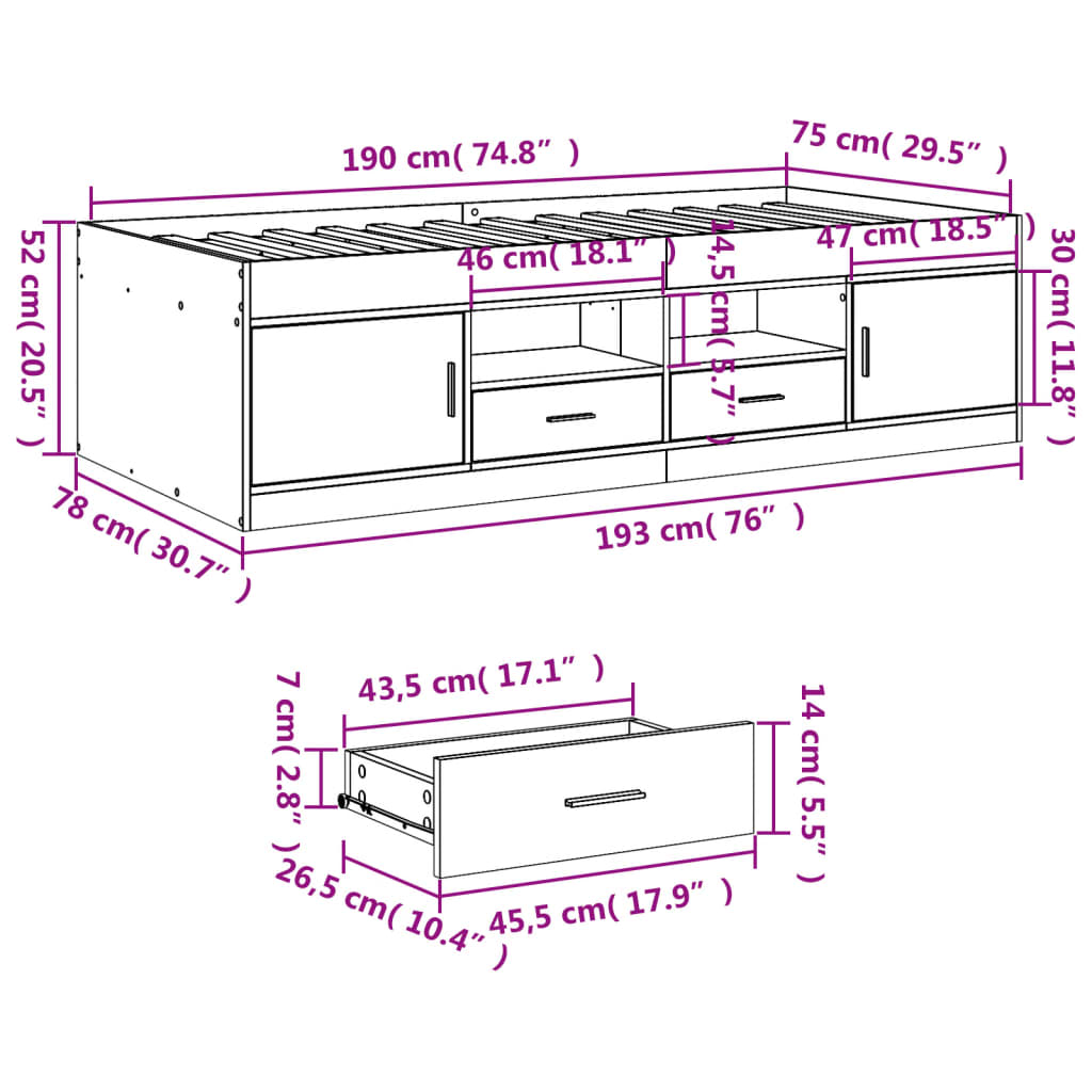 Daybed with Drawers without Mattress Concrete Grey 75x190 cm Small Single