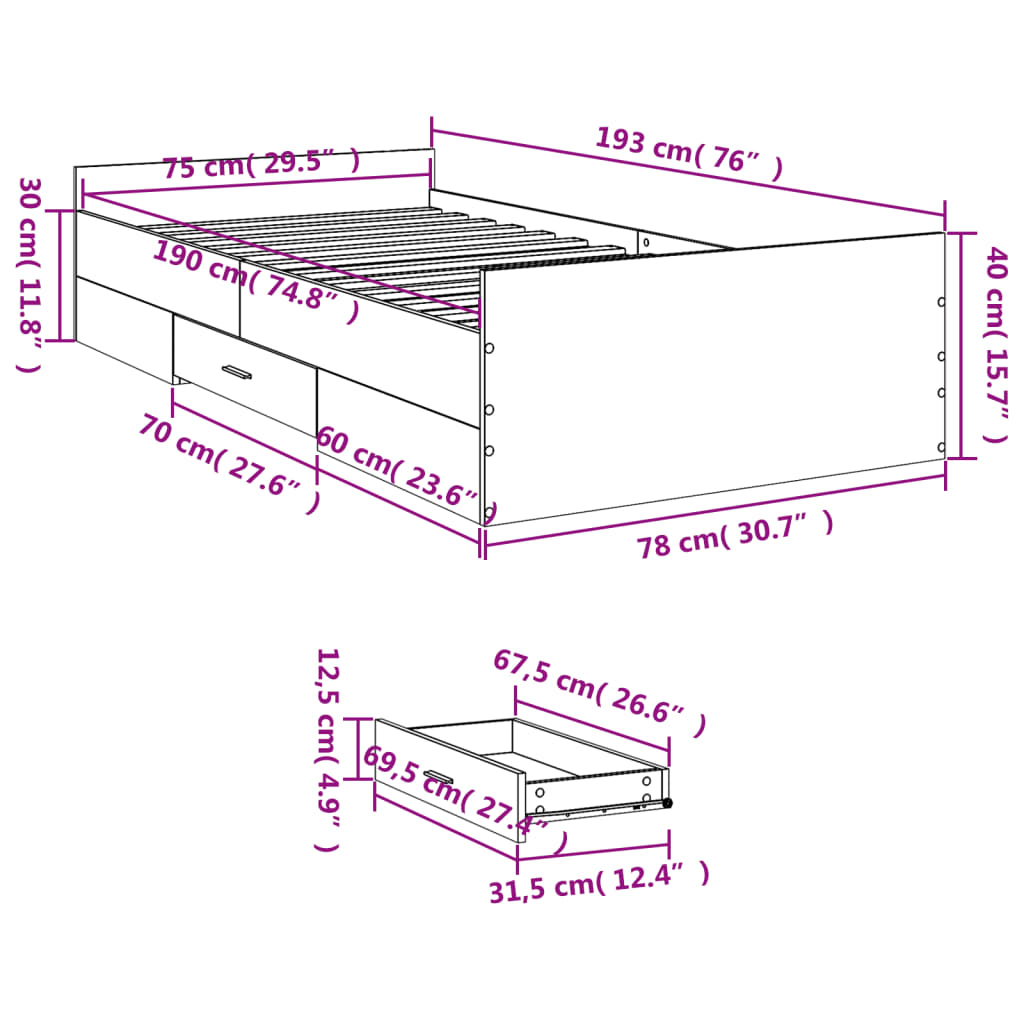 Bed Frame with Drawers without Mattress Grey Sonoma 75x190 cm Small Single