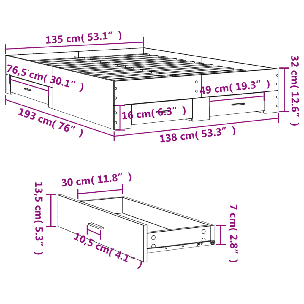 Bed Frame with Drawers without Mattress Black 135x190 cm Double