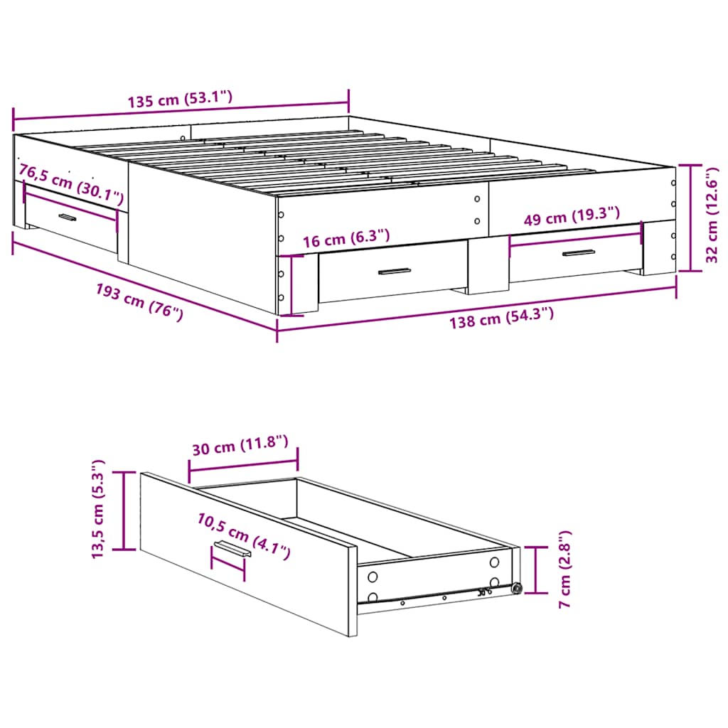 Modern Wooden Double Size 135cm Bed Frame Base With Storage Drawers Wood Beds