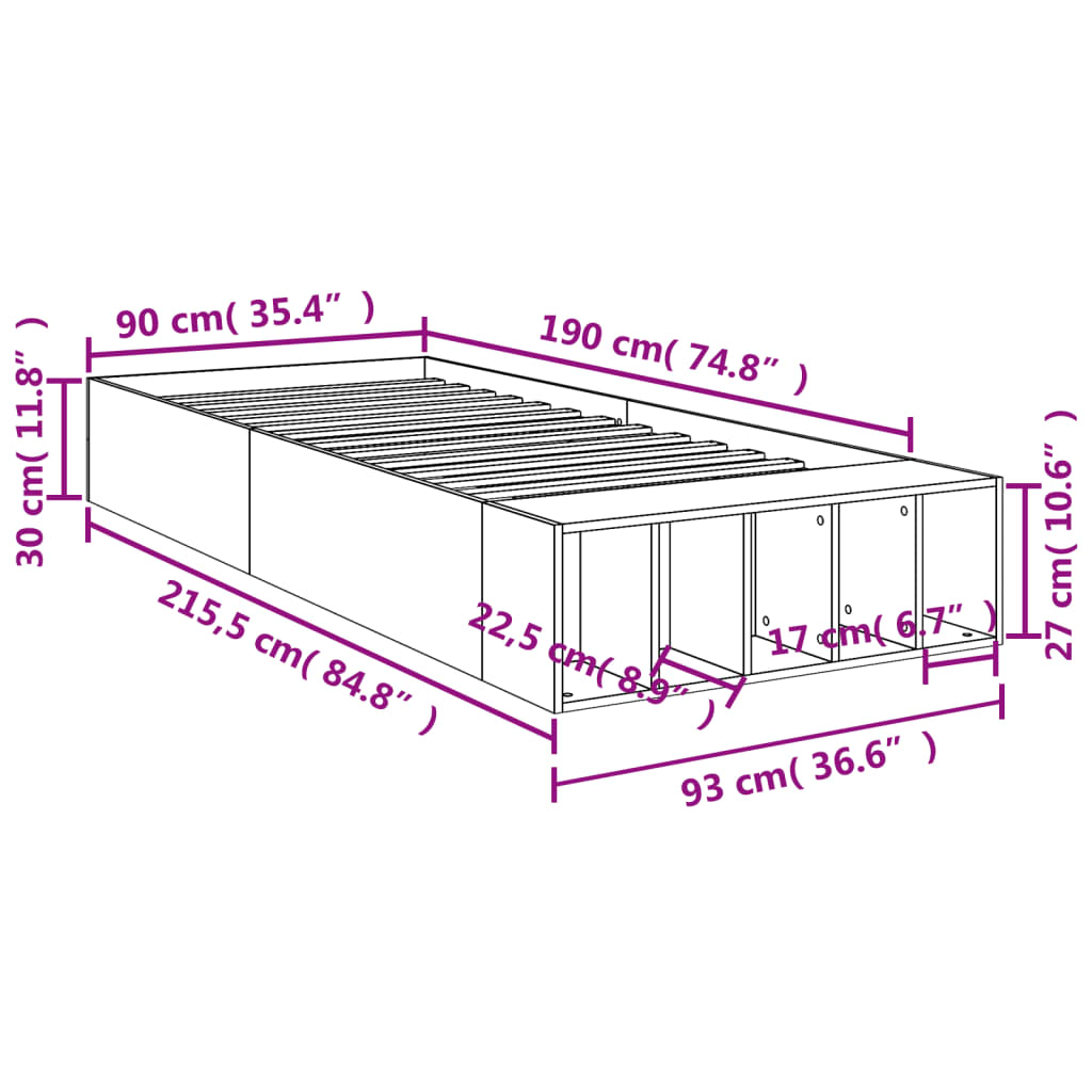 Bed Frame without Mattress Concrete Grey 90x190 cm Single