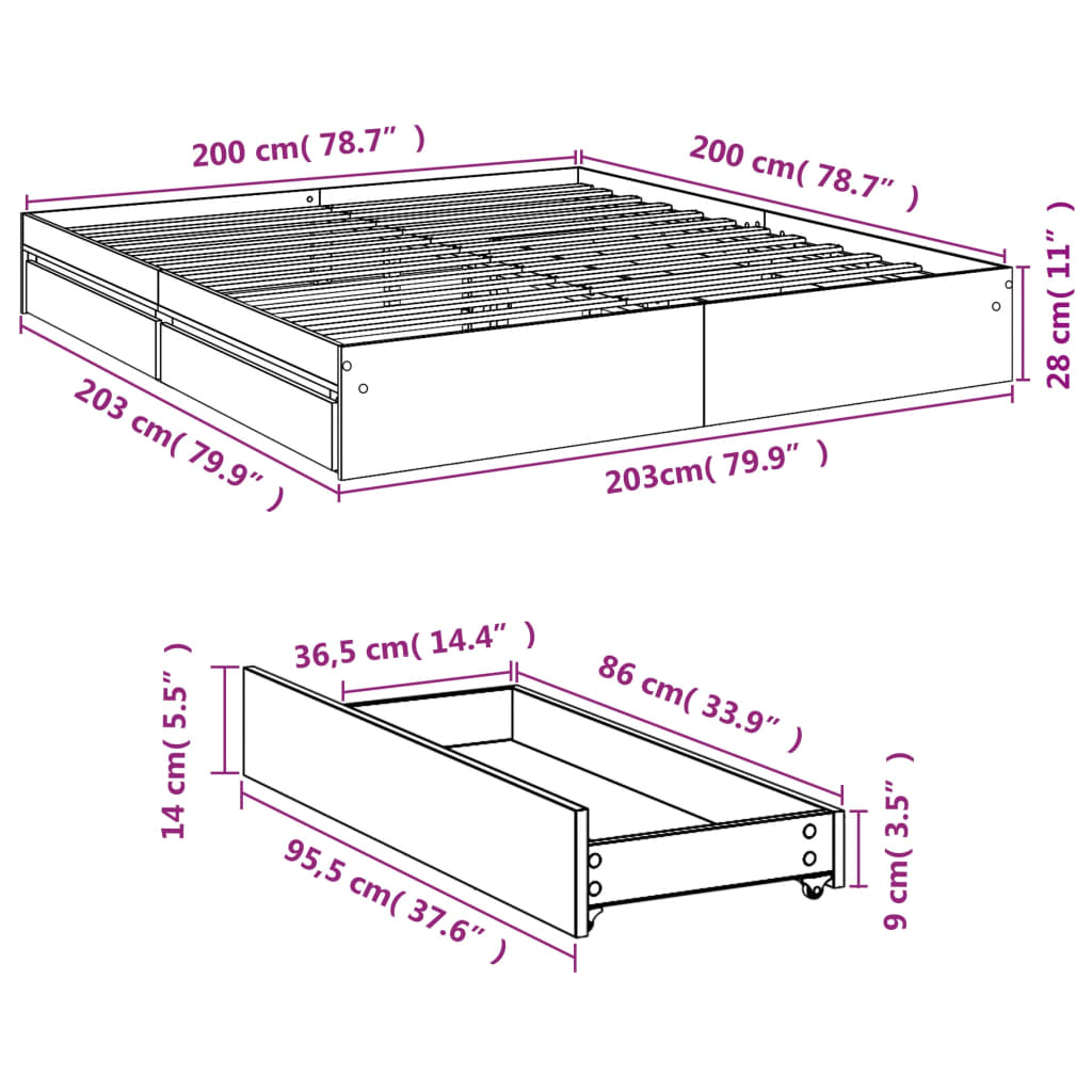 Bed Frame with Drawers without Mattress White 200x200 cm