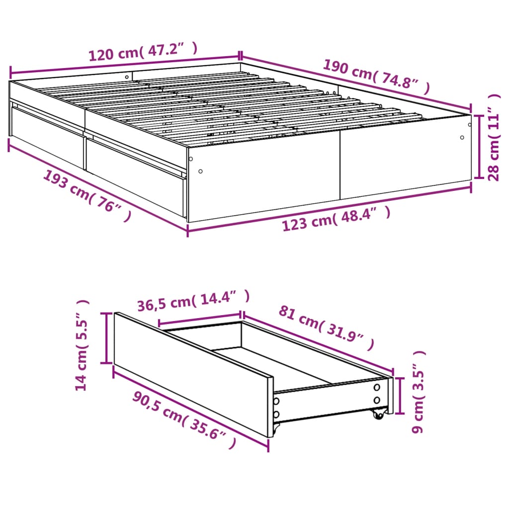 Bed Frame with Drawers without Mattress White 120x190 cm Small Double