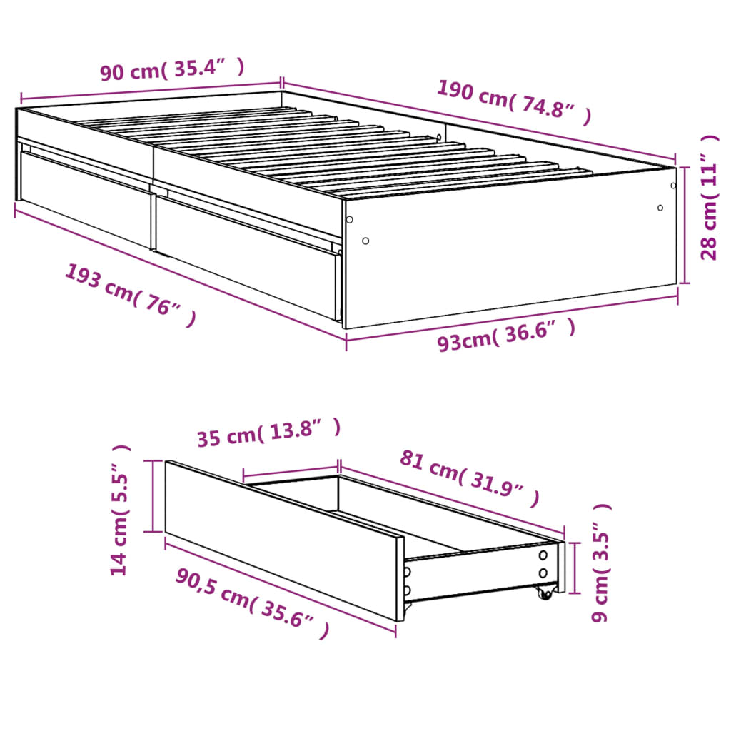 Bed Frame with Drawers without Mattress Brown Oak 90x190 cm Single