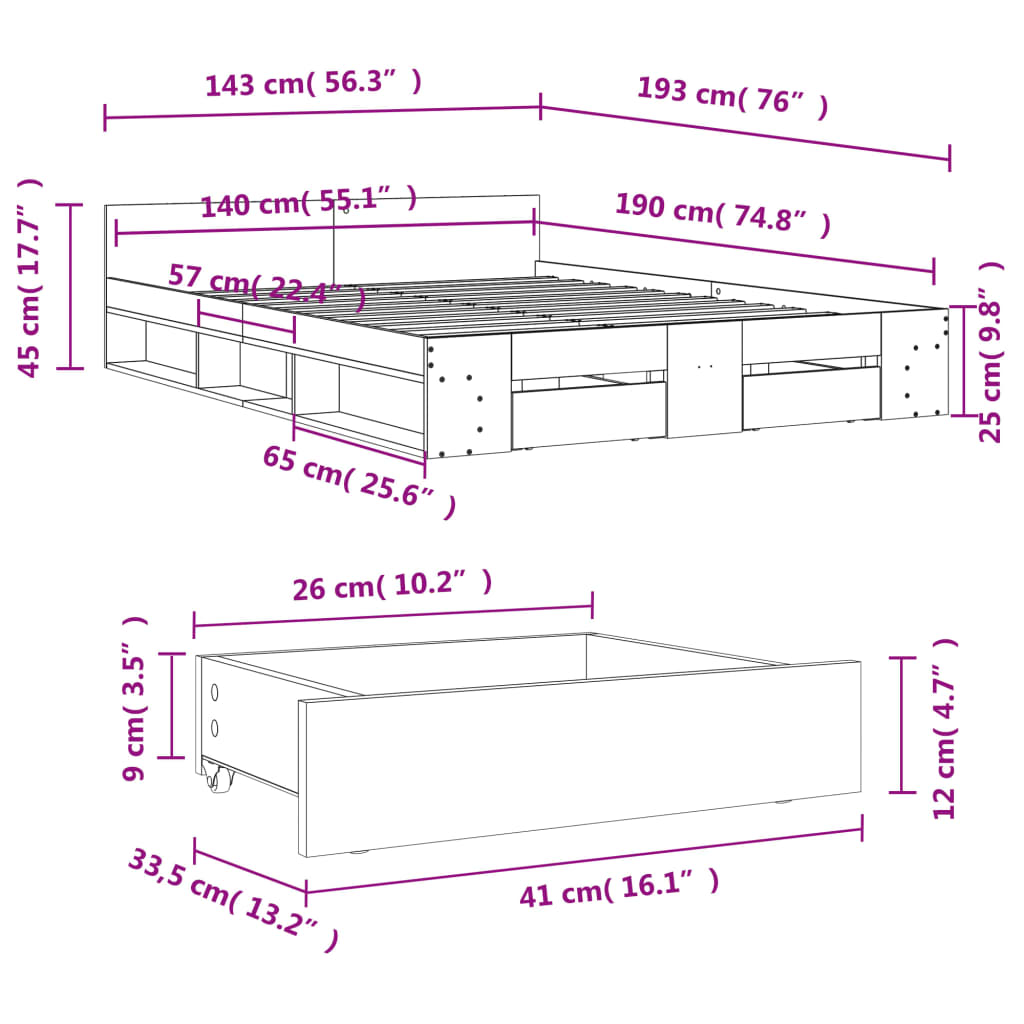 Bed Frame with Drawers without Mattress Grey Sonoma 140x190 cm