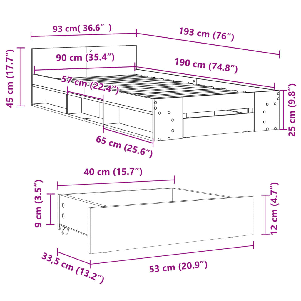 Modern Wooden Single Size 90cm Bed Frame Base With Under Storage Space & Drawer