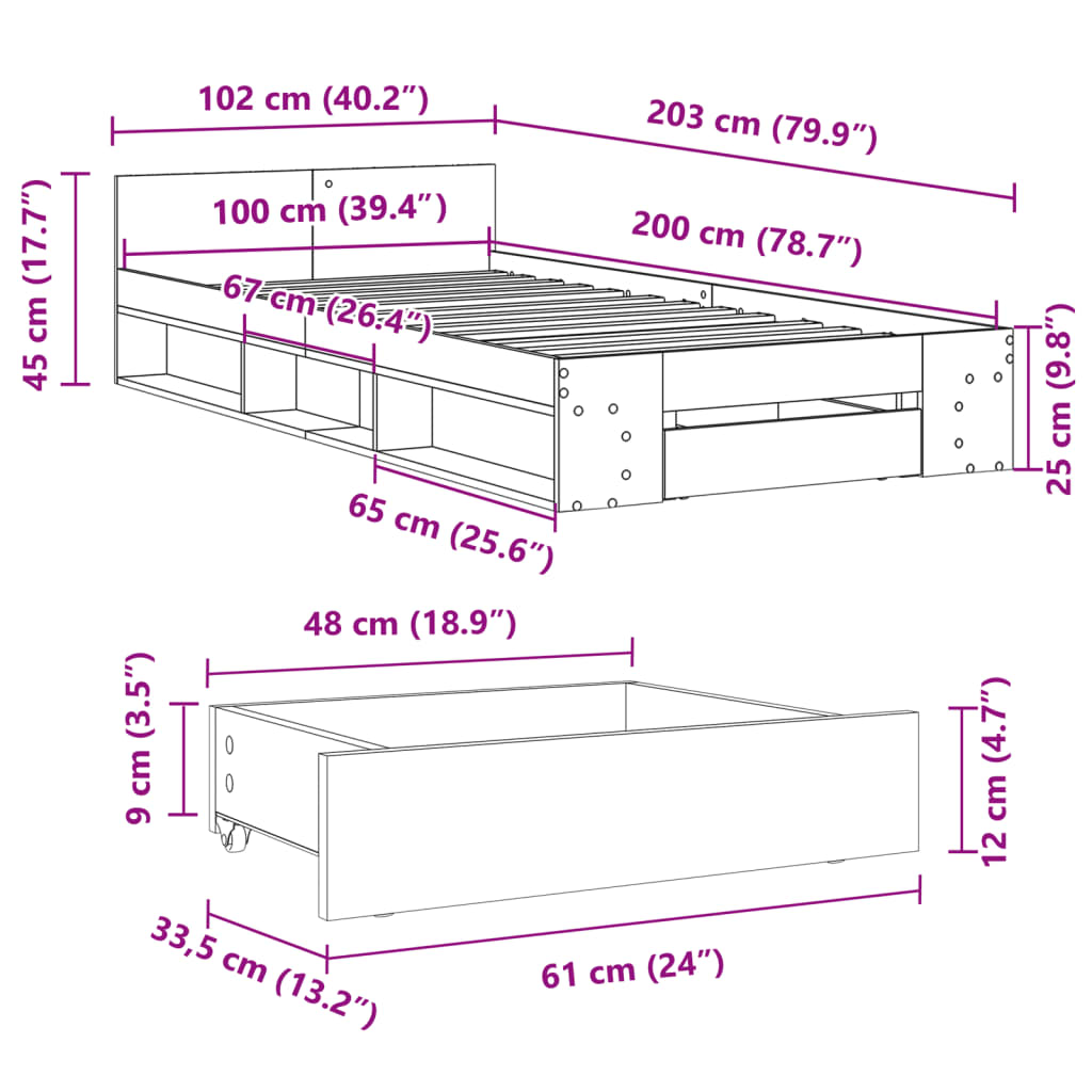 Bed Frame with Drawer without Mattress Black 100x200 cm
