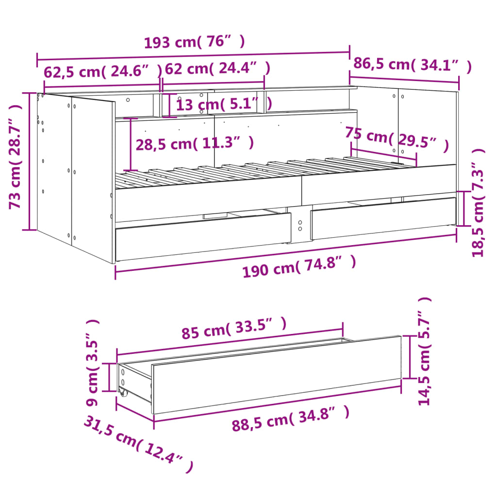 Daybed with Drawers without Mattress Concrete Grey 75x190 cm Small Single