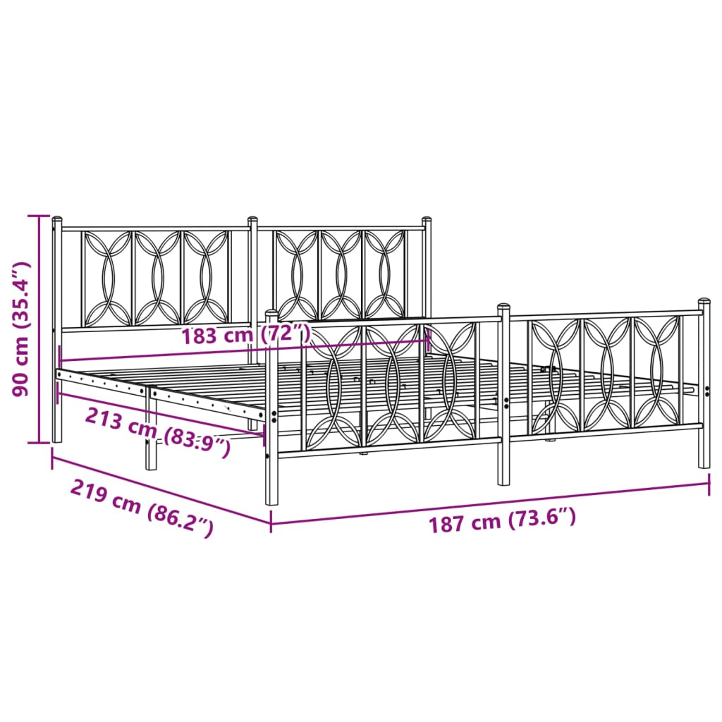 Metal Bed Frame without Mattress with Footboard White 183x213cm