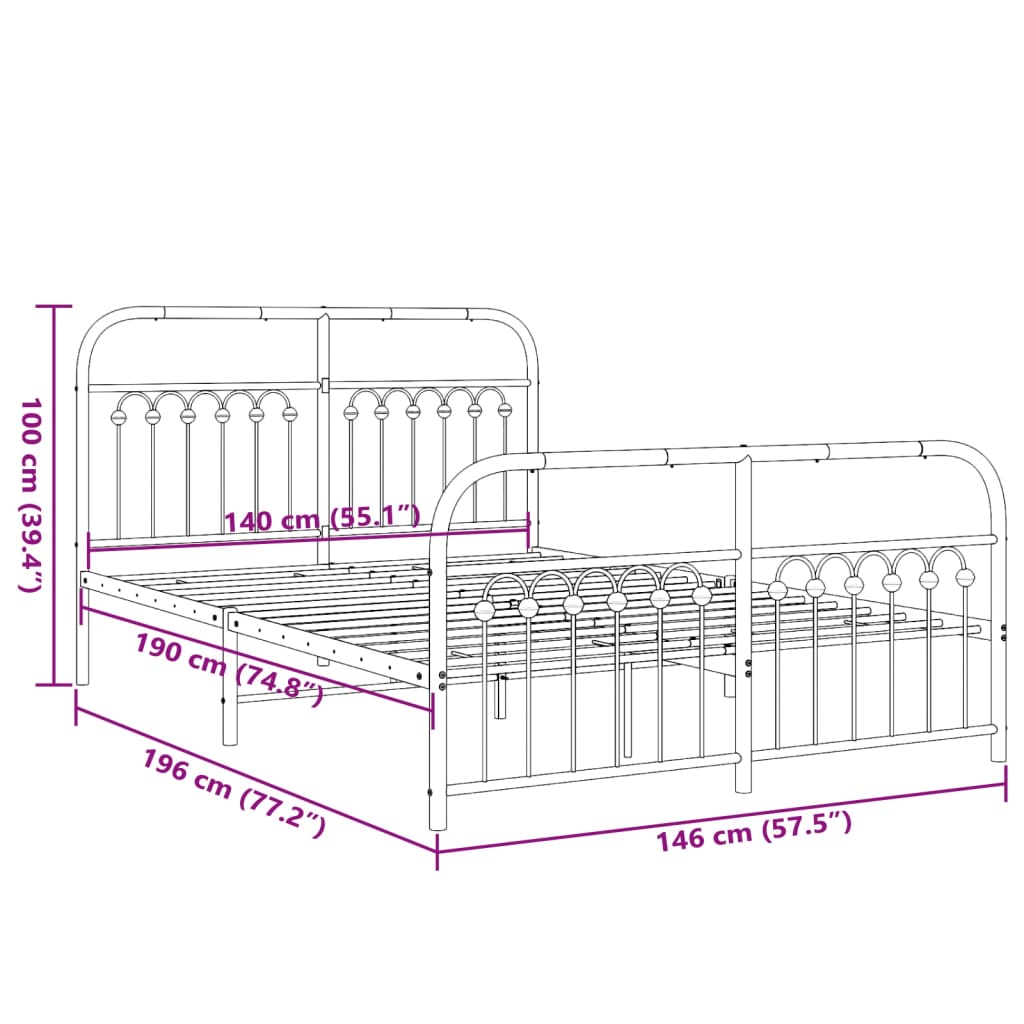 Metal Bed Frame without Mattress with Footboard Black 140x190cm