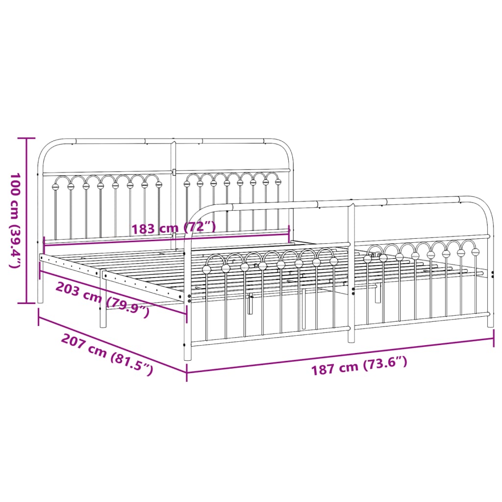 Metal Bed Frame without Mattress with Footboard White 183x203cm