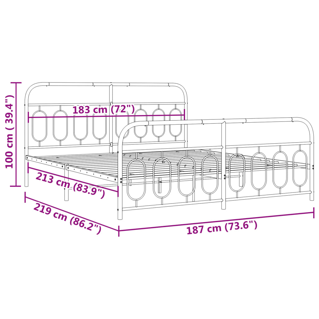 Metal Bed Frame without Mattress with Footboard Black 183x213cm