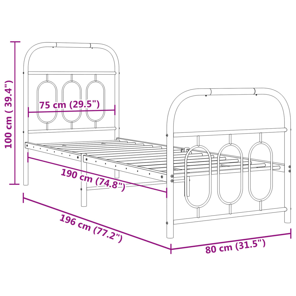 Metal Bed Frame without Mattress with Footboard White 75x190cm