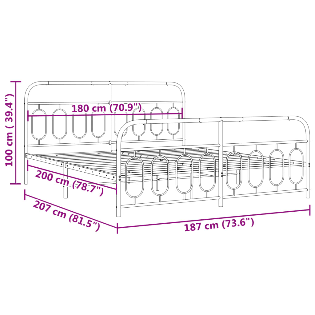 Metal Bed Frame without Mattress with Footboard White 180x200cm