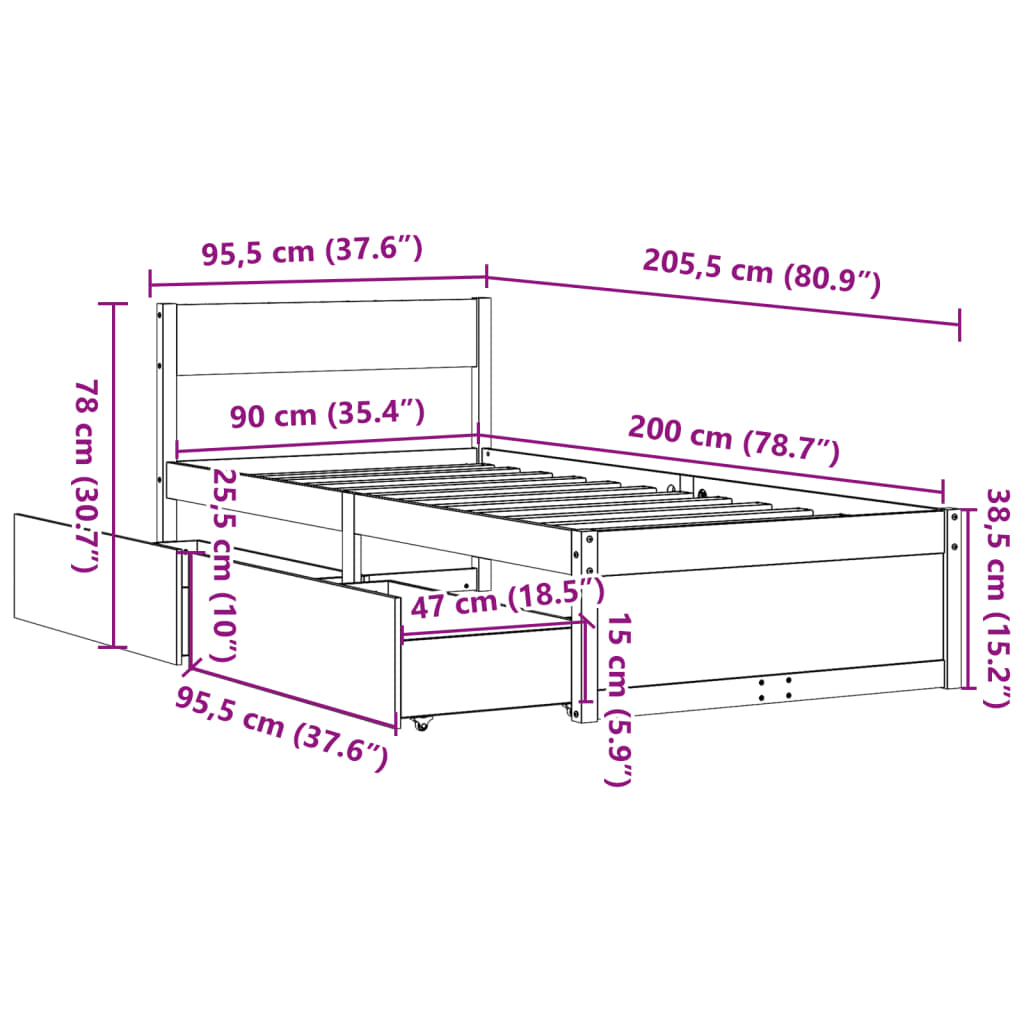 Bed Frame without Mattress 90x200 cm Solid Wood Pine