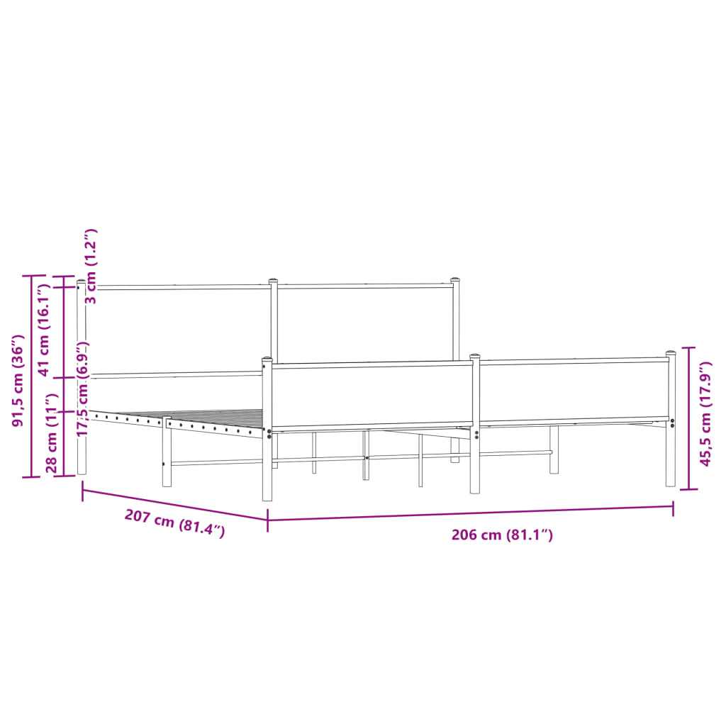 Metal Bed Frame without Mattress Smoked Oak 200x200 cm