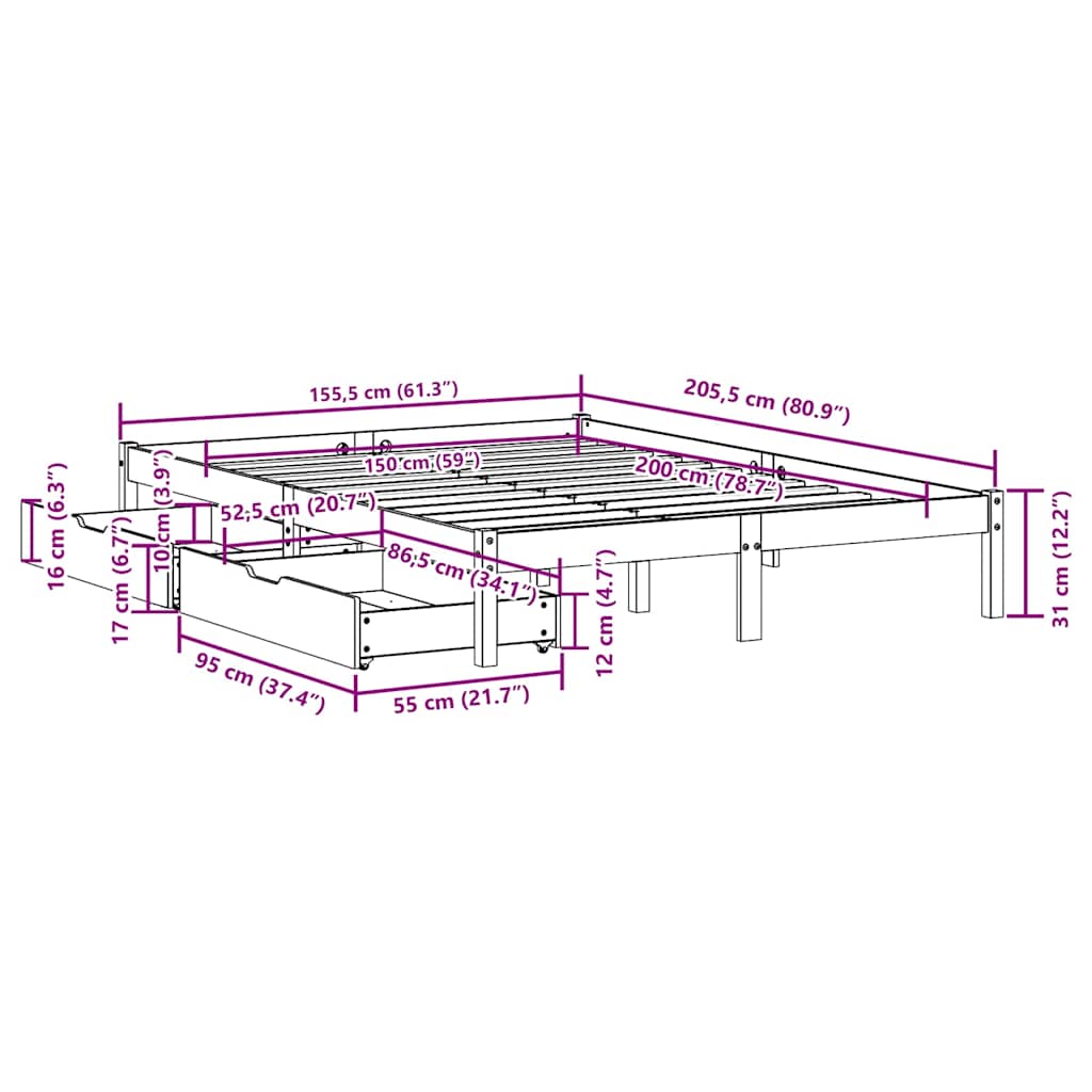 Bed Frame without Mattress White 150x200 cm King Size Solid Wood Pine