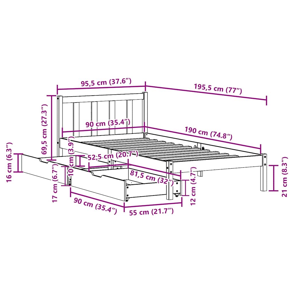 Bed Frame without Mattress 90x190 cm Single Solid Wood Pine