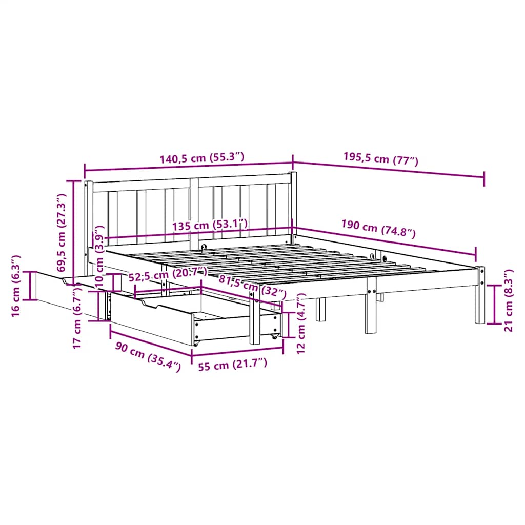 Bed Frame without Mattress 135x190 cm Double Solid Wood Pine