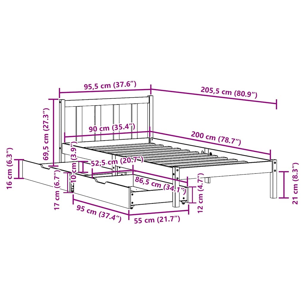 Bed Frame without Mattress White 90x200 cm Solid Wood Pine