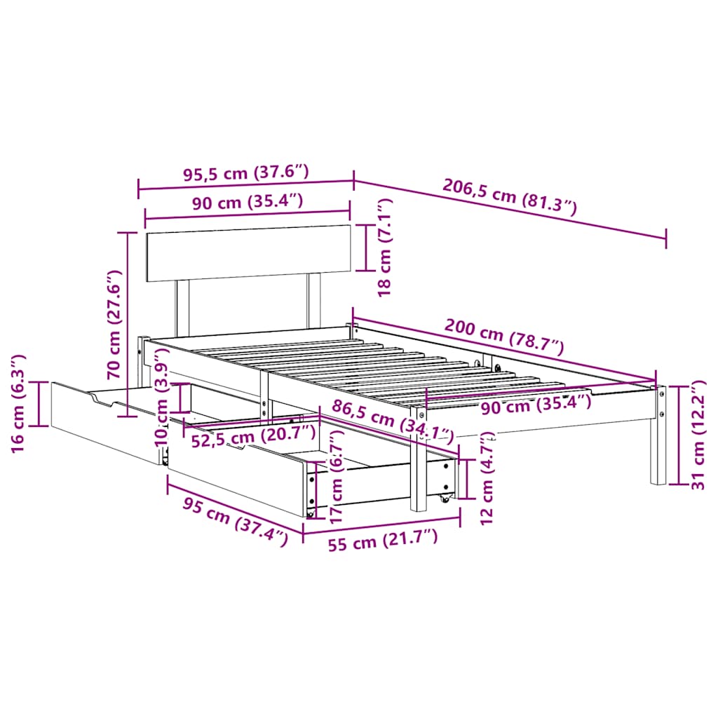 Bed Frame without Mattress 90x200 cm Solid Wood Pine