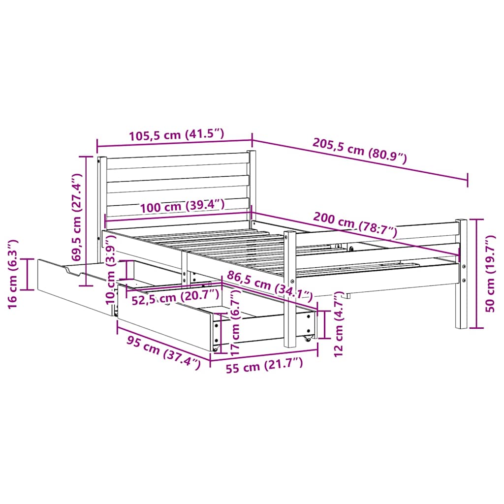 Bed Frame without Mattress 100x200 cm Solid Wood Pine
