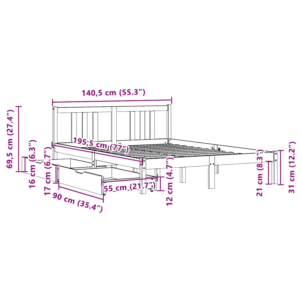 Bed Frame without Mattress 135x190 cm Double Solid Wood Pine