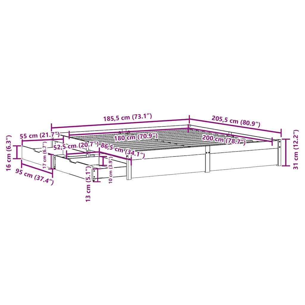 Bed Frame without Mattress 180x200 cm Super King Solid Wood Pine
