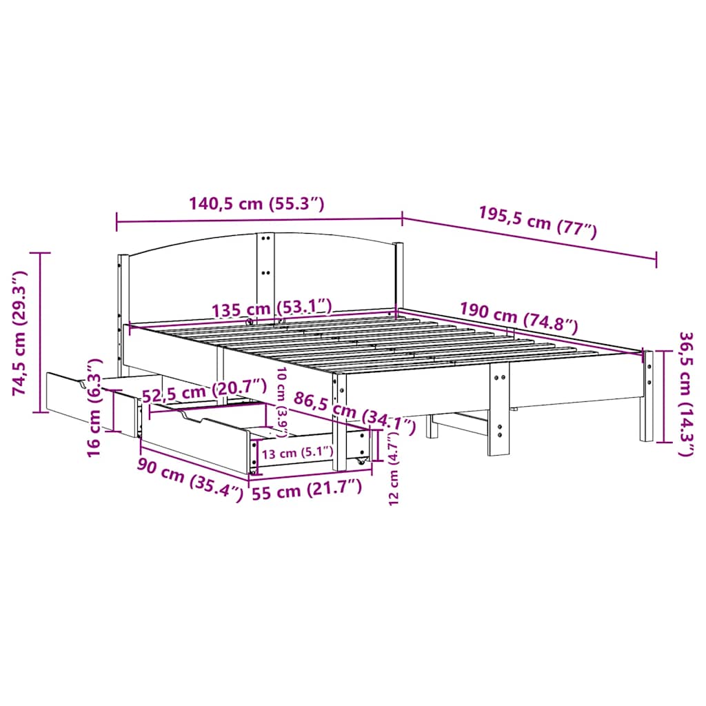 Bed Frame without Mattress 135x190 cm Double Solid Wood Pine