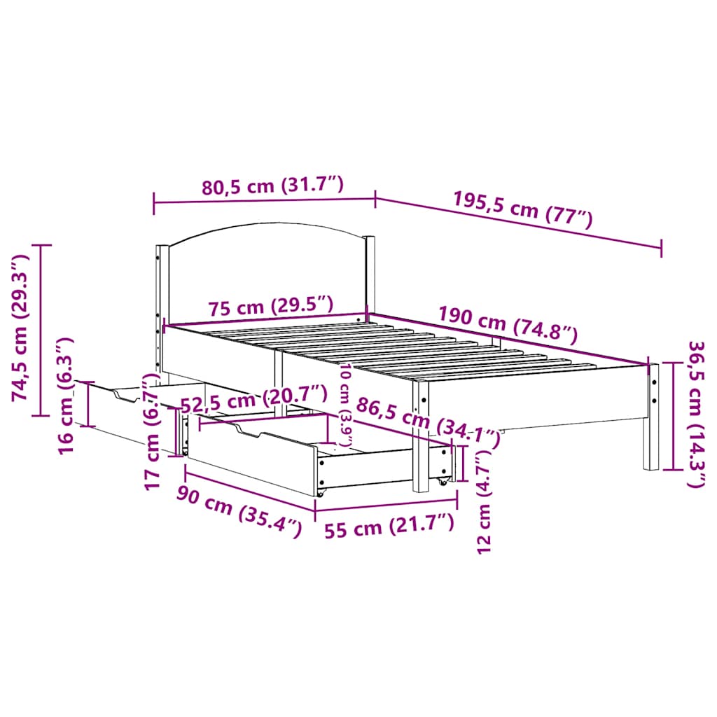 Bed Frame without Mattress White 75x190 cm Small Single Solid Wood Pine