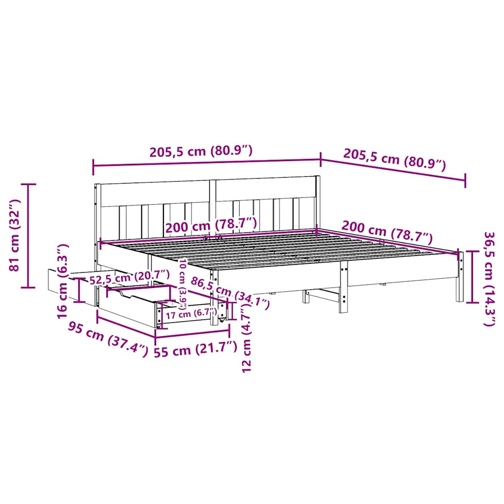 Bed Frame without Mattress White 200x200 cm Solid Wood Pine