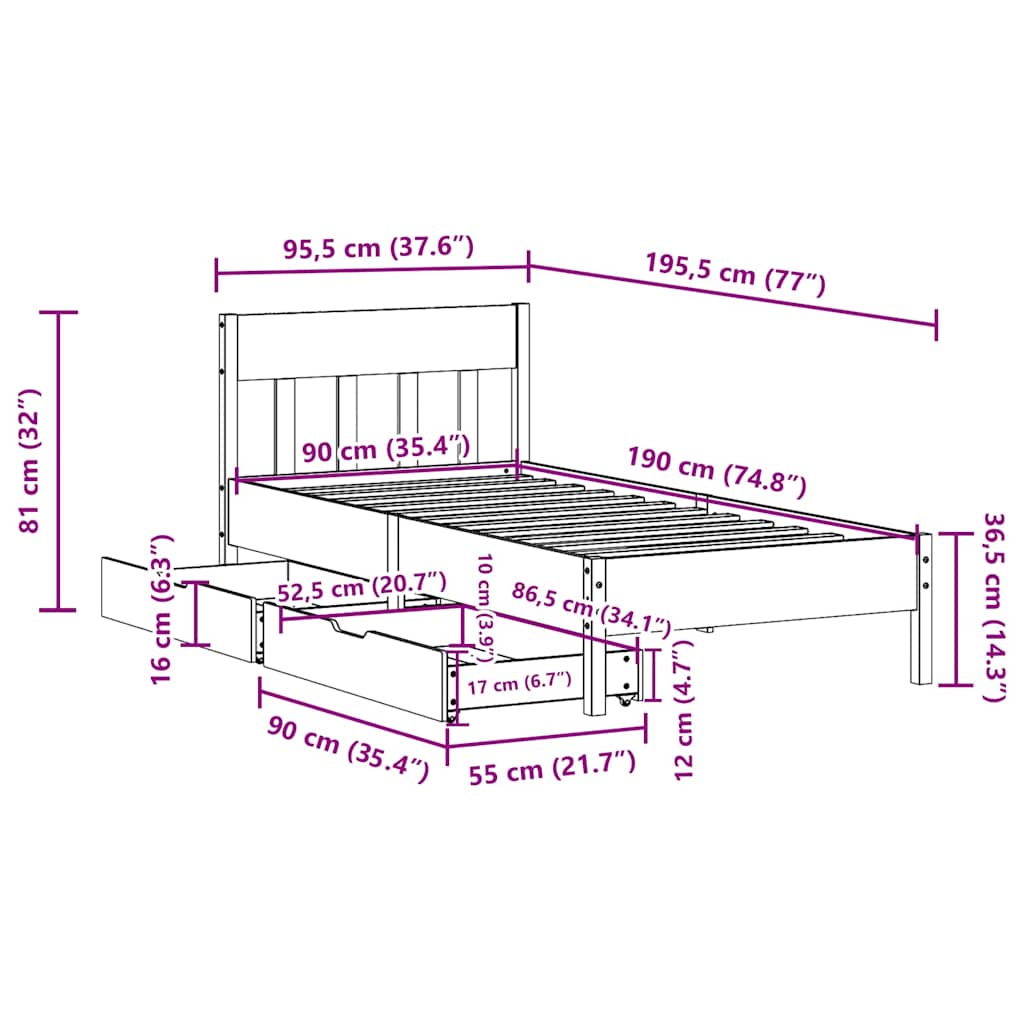Bed Frame without Mattress White 90x190 cm Single Solid Wood Pine